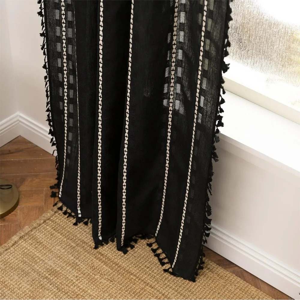 NWT Black Semi Sheer Curtain 52x84 Boho Earthy Indie Ethnic Tassels Embroidery